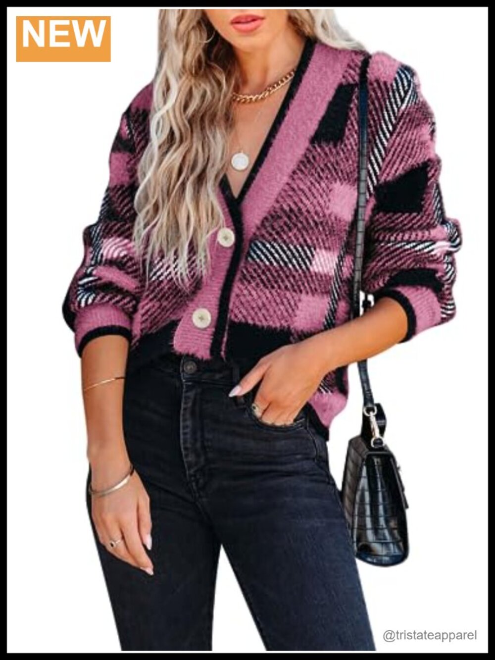 Women's Fuzzy Knit Plaid V-Neck Button Down Long Sleeve Cardigan Sweater